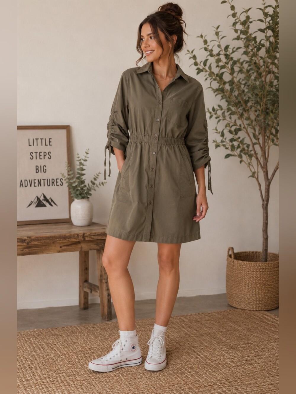 Converse Collared Dress Army Green Women's Medium M Tie Sleeves Pockets Cute EUC